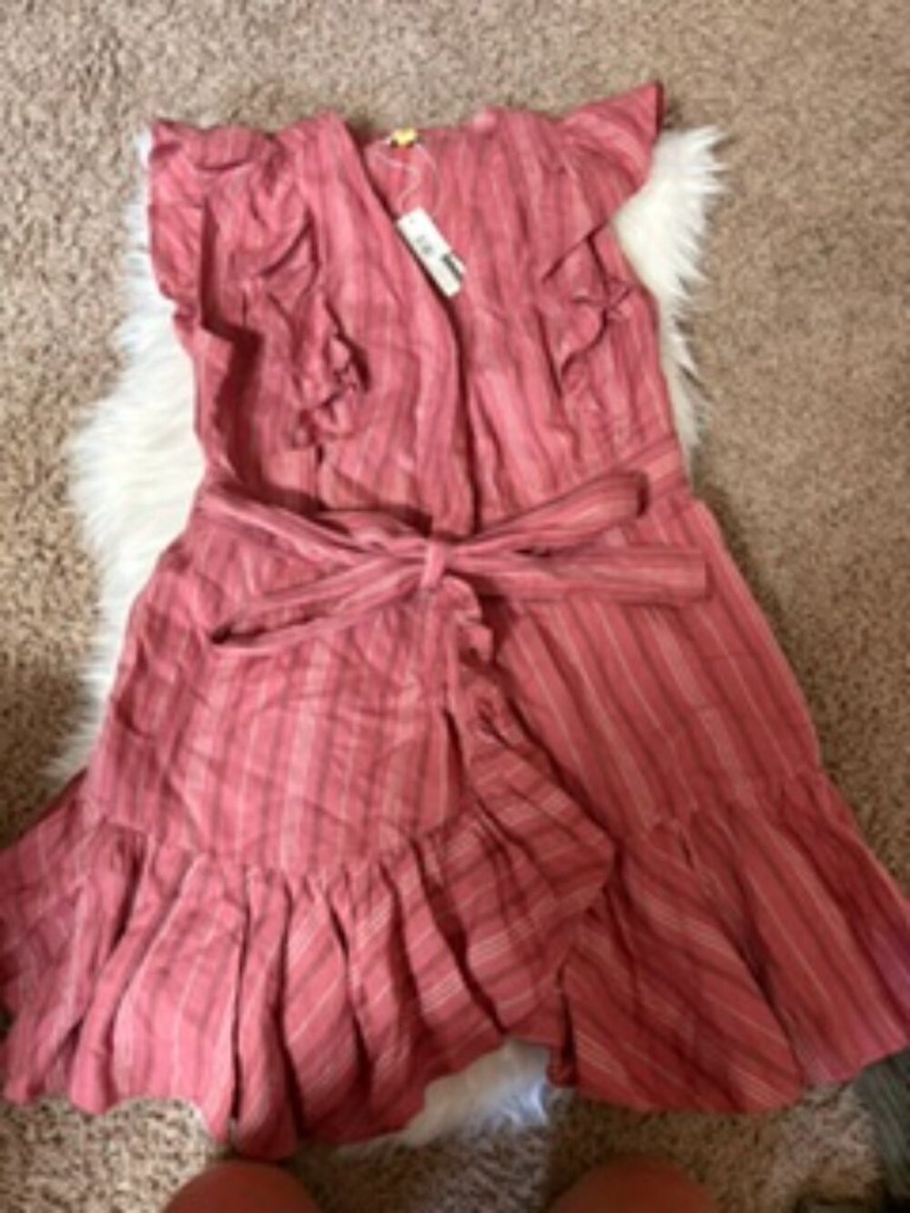 Pink Striped Ruffle Linen Wrap Dress NWT